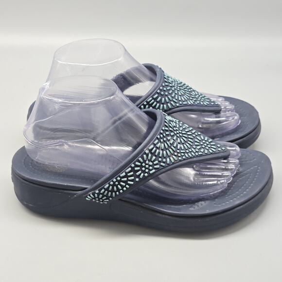 CROCS Monterey Diamante Wedge Flip Flop Sandals Women’s Size 9 Blue Casual - Picture 5 of 11